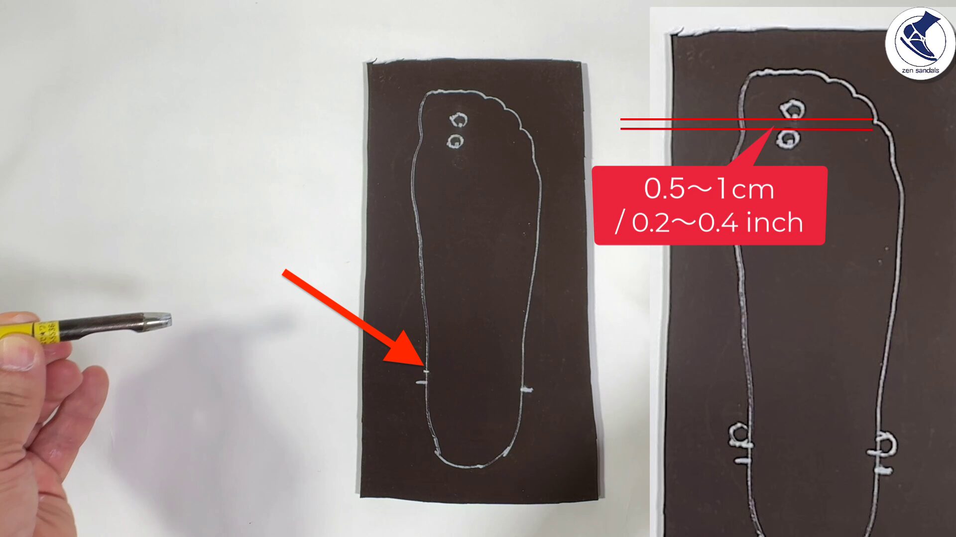 次に、先程描いた踝(くるぶし)のマークの上5mmくらいのところに、あらたにマークをします。