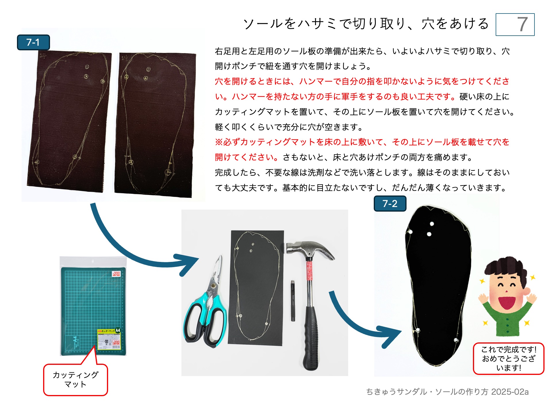 ワラーチ(ちきゅうサンダル )のソールの作り方・ソールをハサミで切り取り、穴をあける