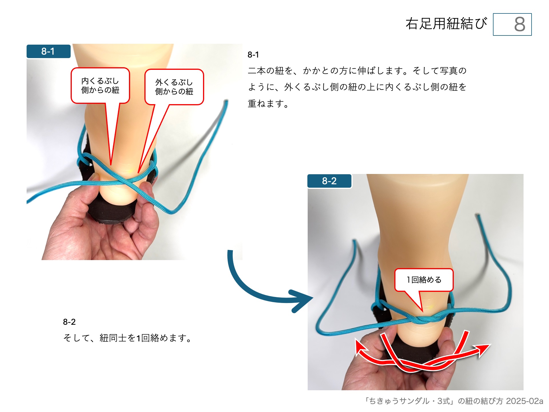 ワラーチ(ちきゅうサンダル )のソールの作り方・右足用紐結び 8