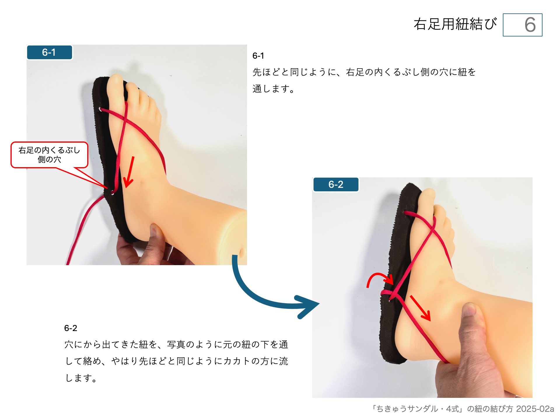 手作りワラーチ「ちきゅうサンダル・4式」の紐の結び方 右足用紐結び 6