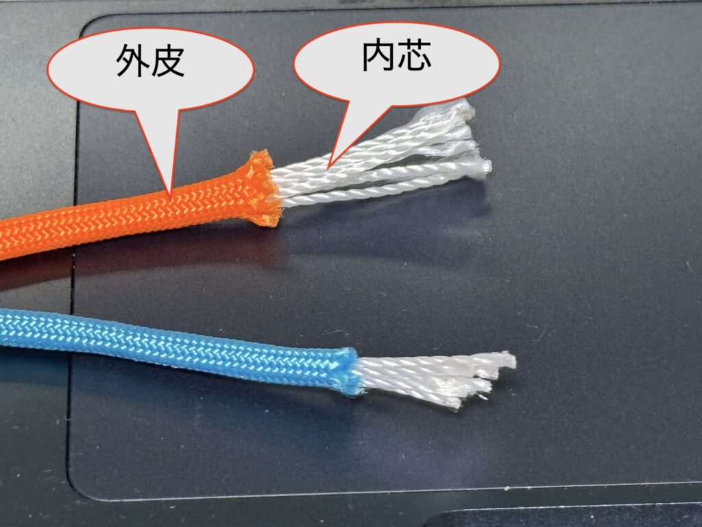 ワラーチに使うパラコードの内芯と外皮を説明する写真