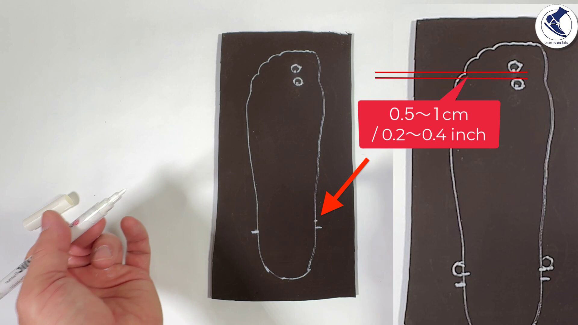先程描いた踝(くるぶし)のマークの上5mmくらいのところに、あらたにマークをします。