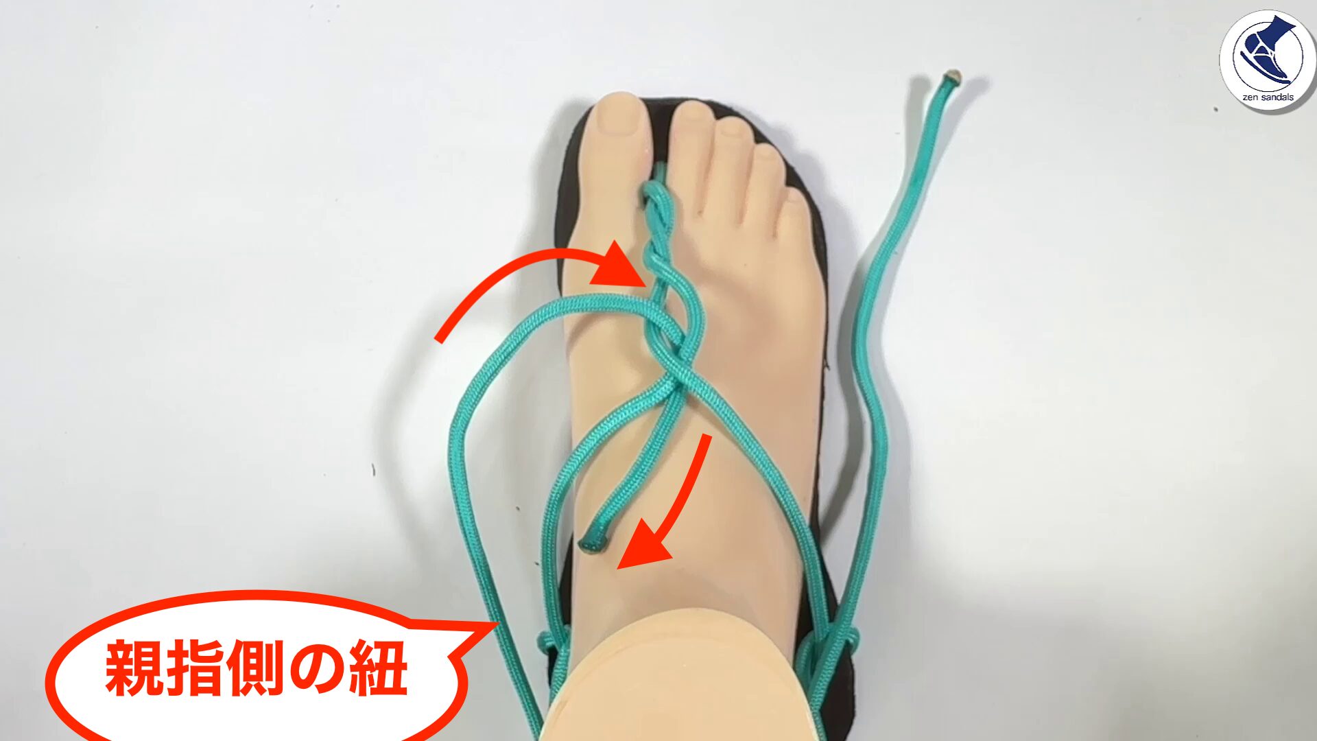 親指側の紐を、先程開けた口に、前から後ろに通します。