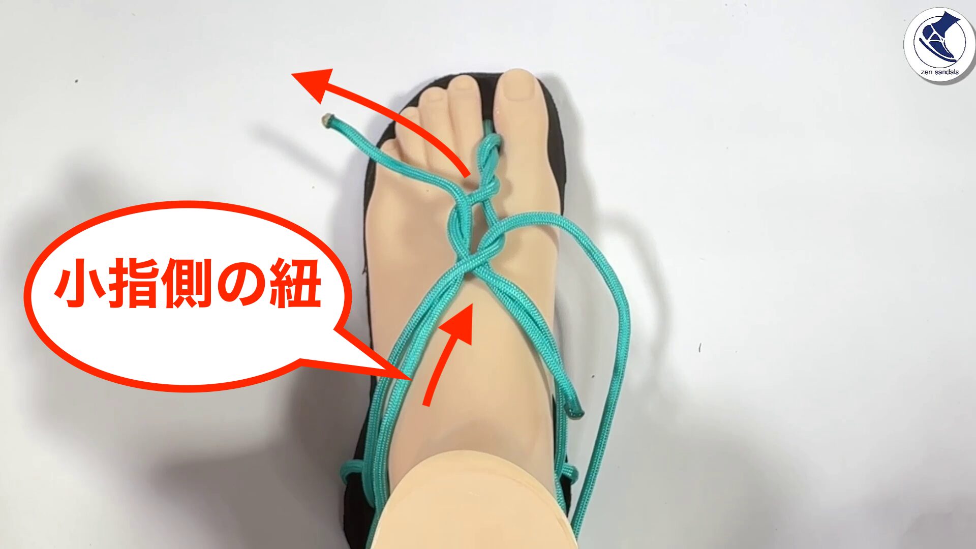 親指側の紐を、先程開けた口に、前から後ろに通します。